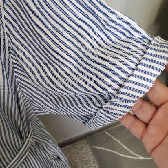 Gap Roll Cuff Shirt Dress Size XL White Blue Striped Tie Waist Button Up New - Picture 8 of 12